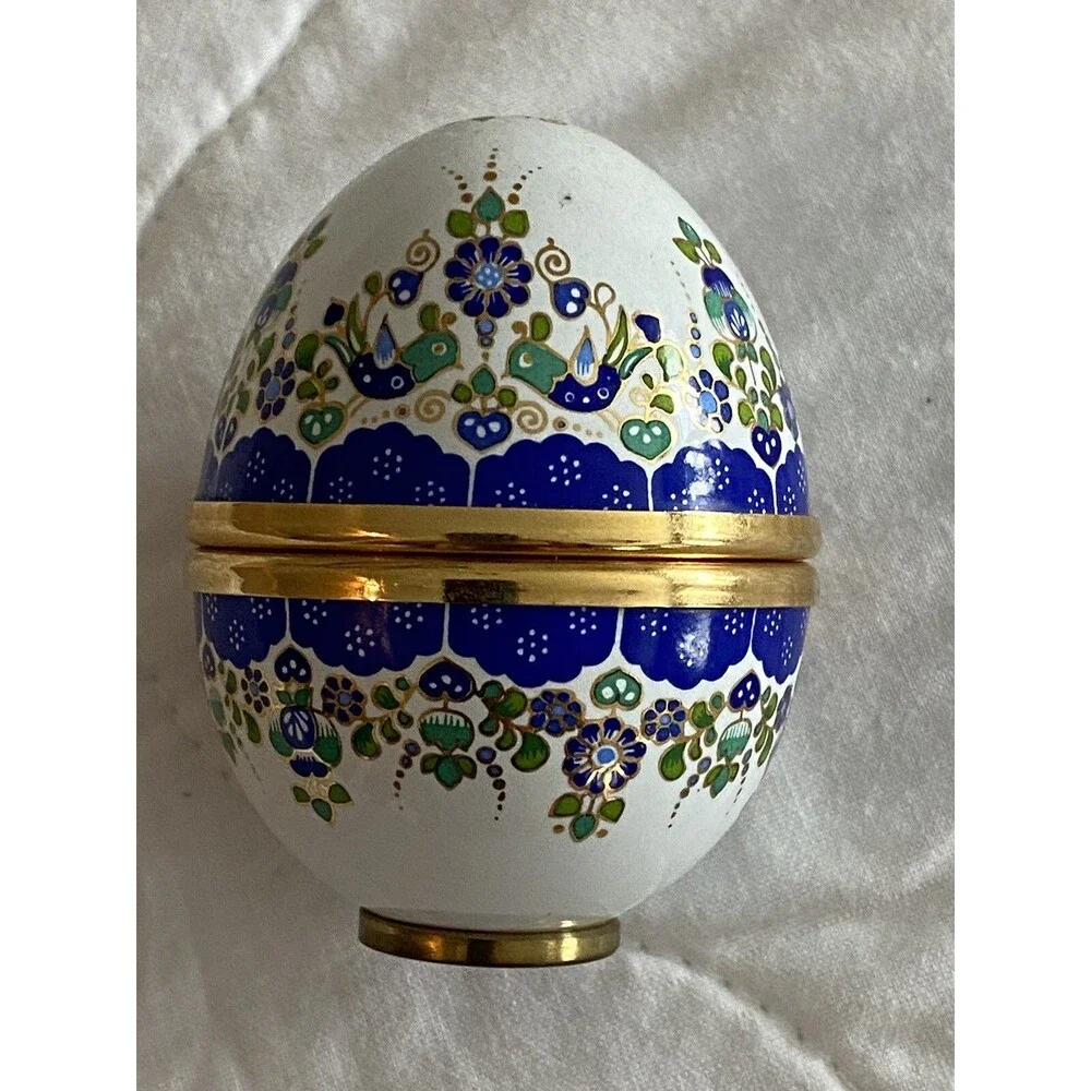 STEINBOCK Egg Enameled Easter Egg Trinket Box  Blue W/ Birds  Austria
